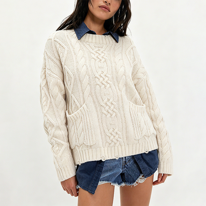 Women's Crewneck Cable-Knit Sweater with Pockets