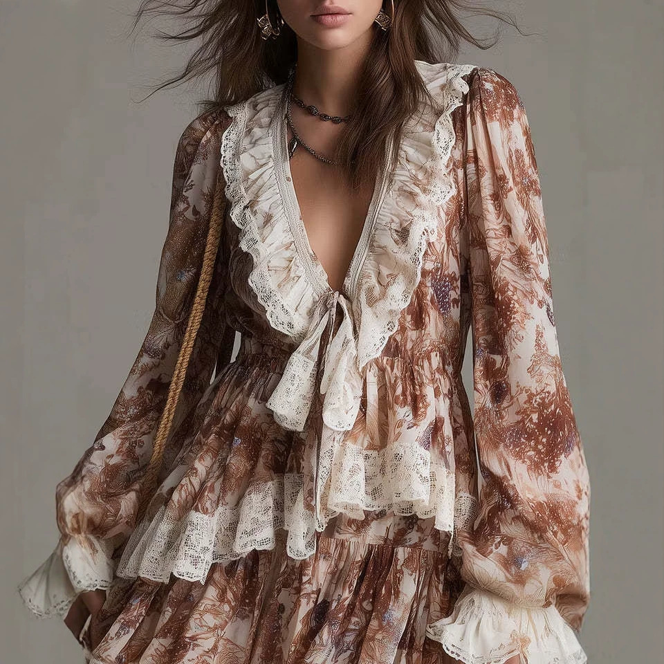 Vintage Brown Floral V-Neck Lace-Up Lantern Sleeve Tiered Mini Dress