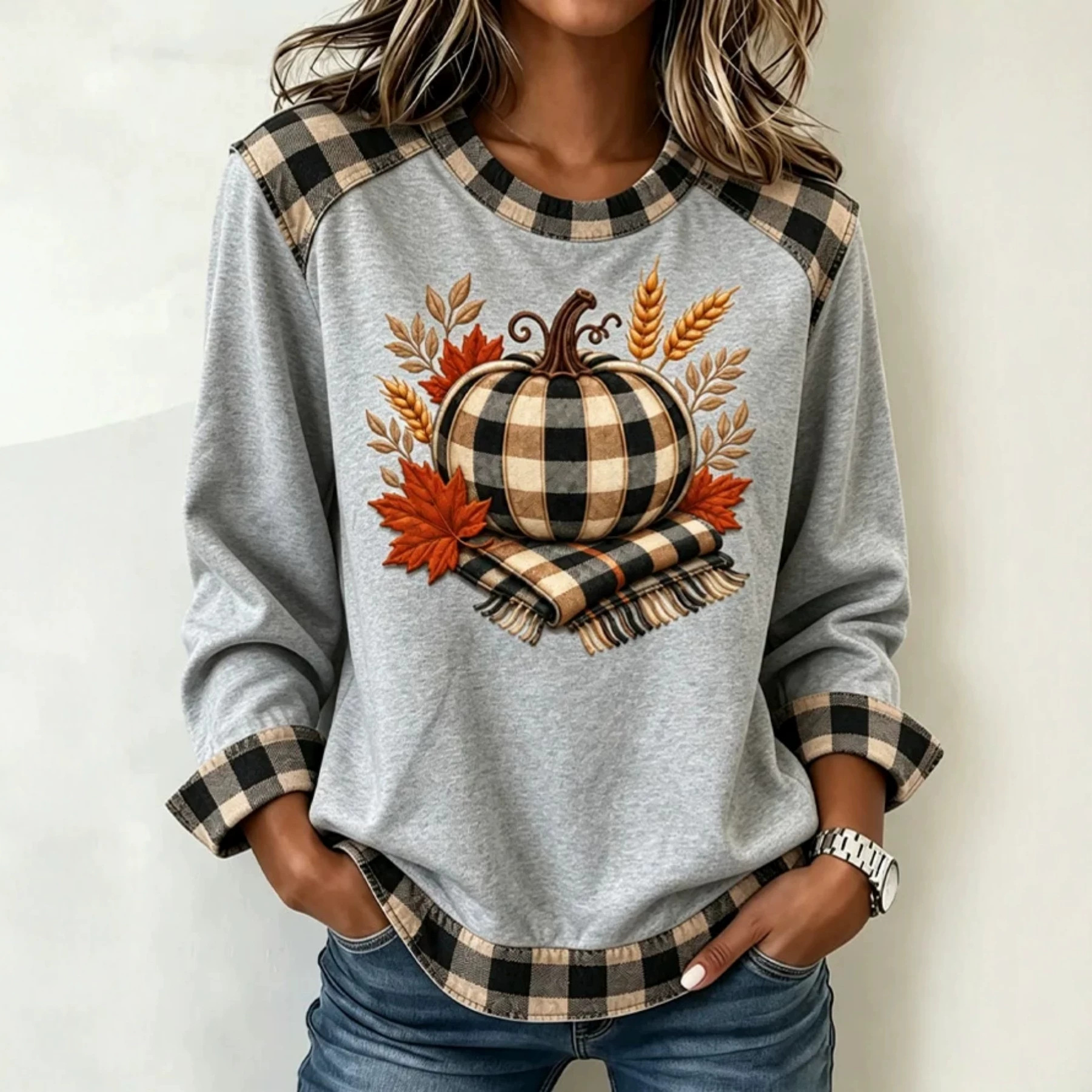 Pumpkin Maple Leaf Plaid Print Crewneck Long Sleeve Pullover Sweatshirt
