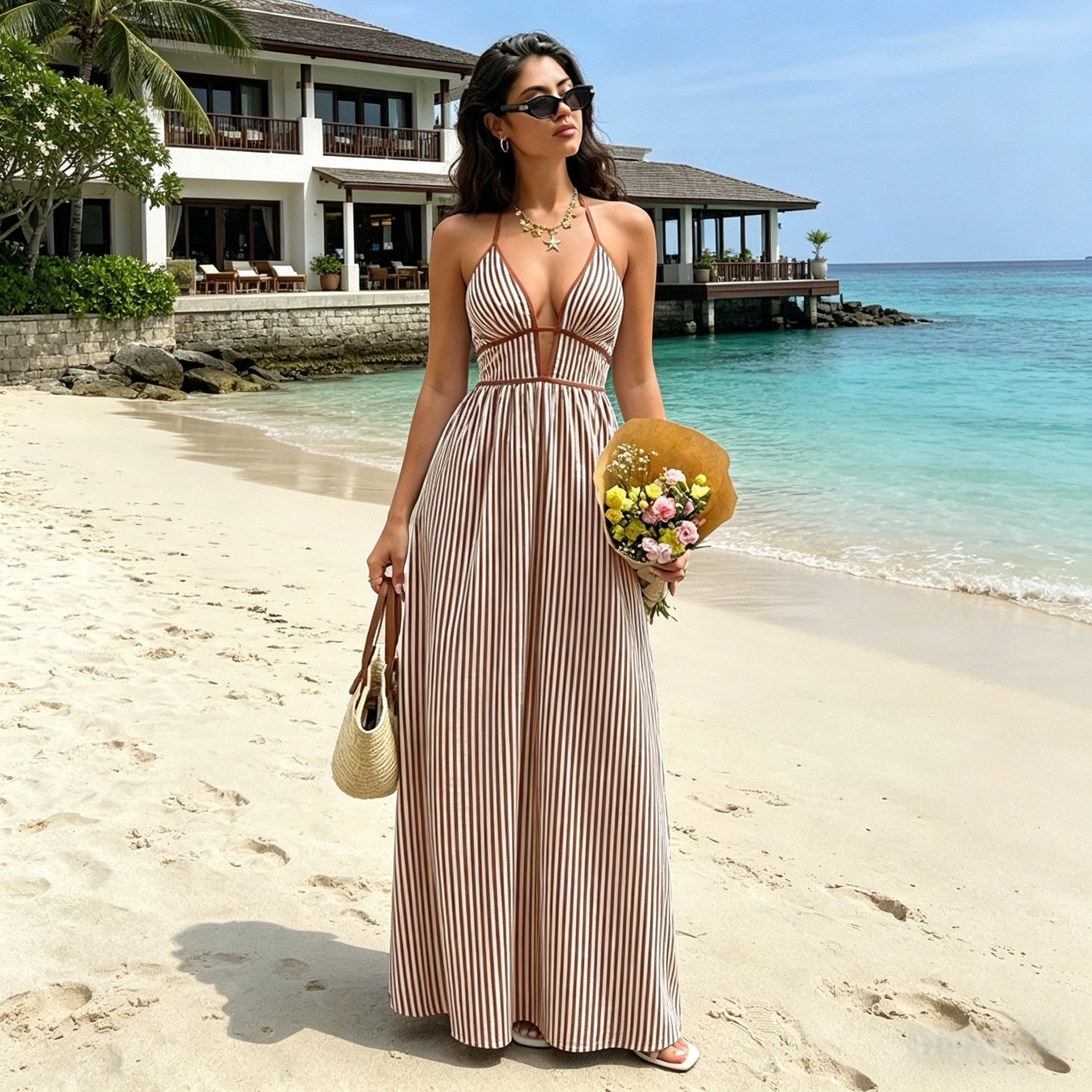 Women's Deep V-Neck Striped Sleeveless Maxi Dress