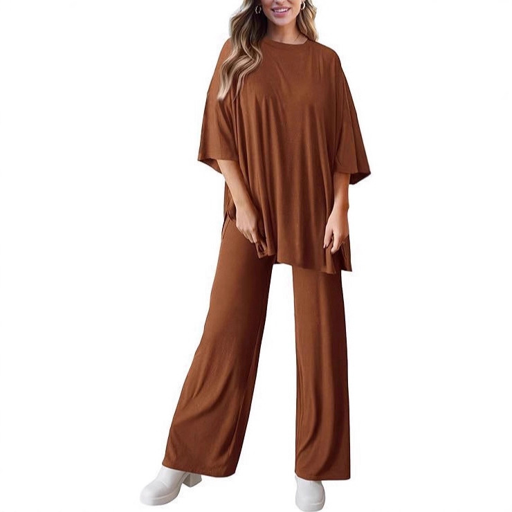 Women's Casual Two-Piece Set Short Sleeve Top & Wide-Leg Pants