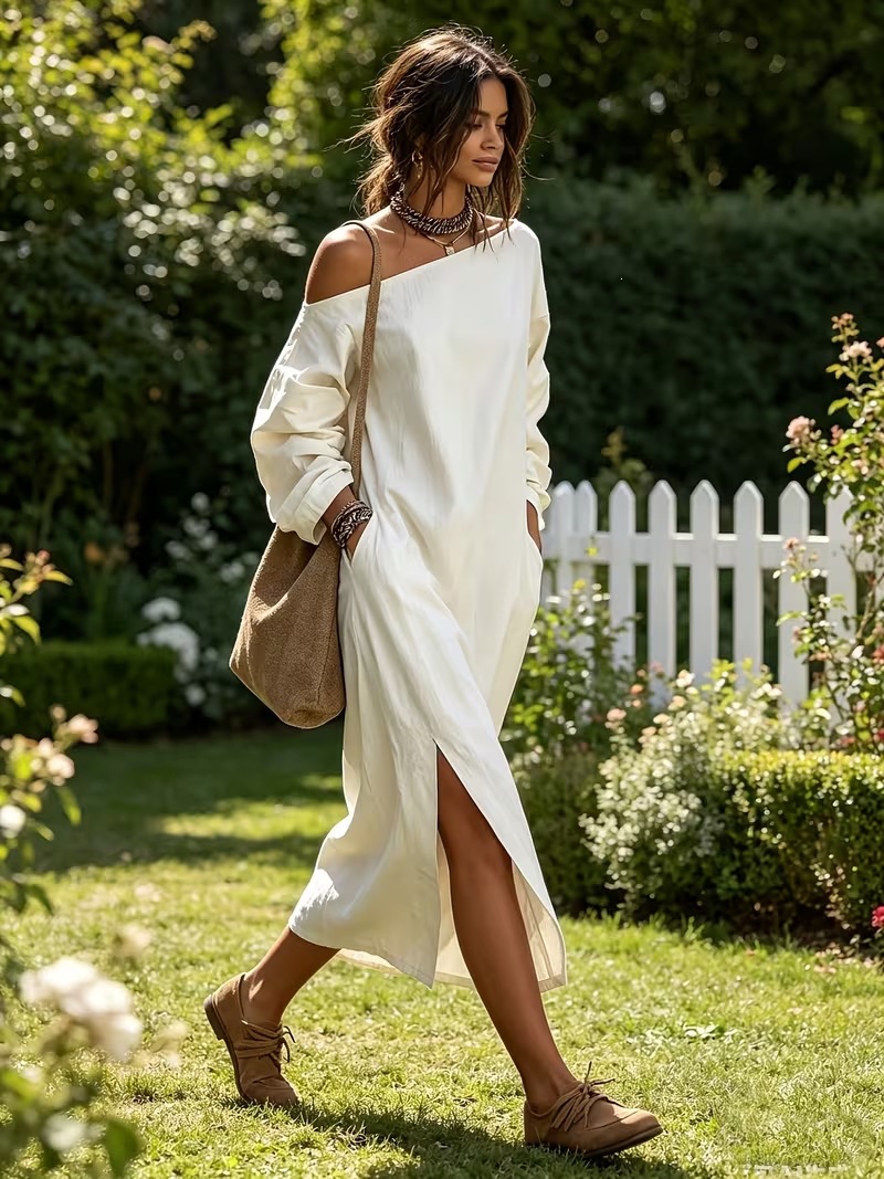 Boho Off-Shoulder Long-Sleeve Maxi Dress with Pockets