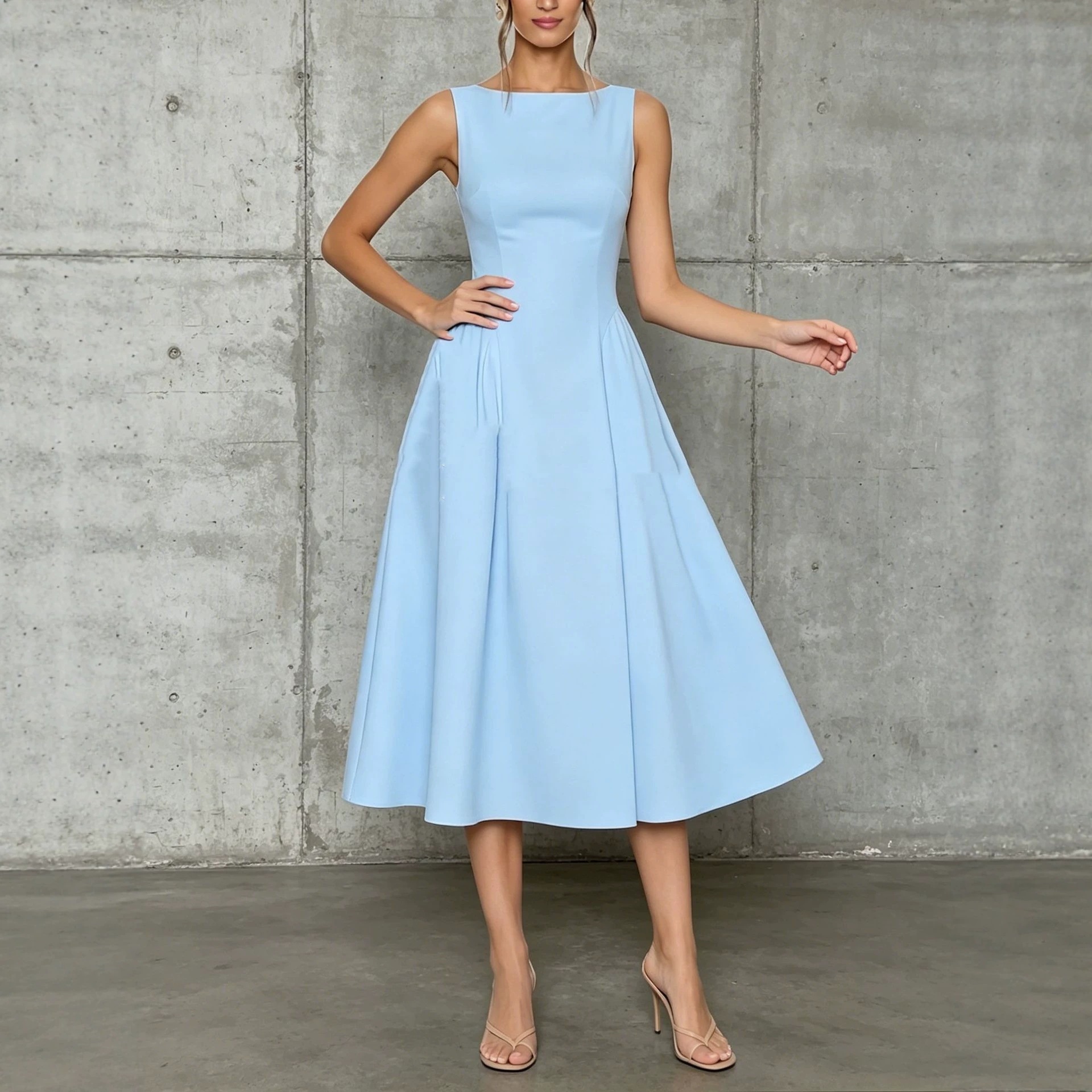 Sleeveless A-Line Midi Dress with Cinched Waist