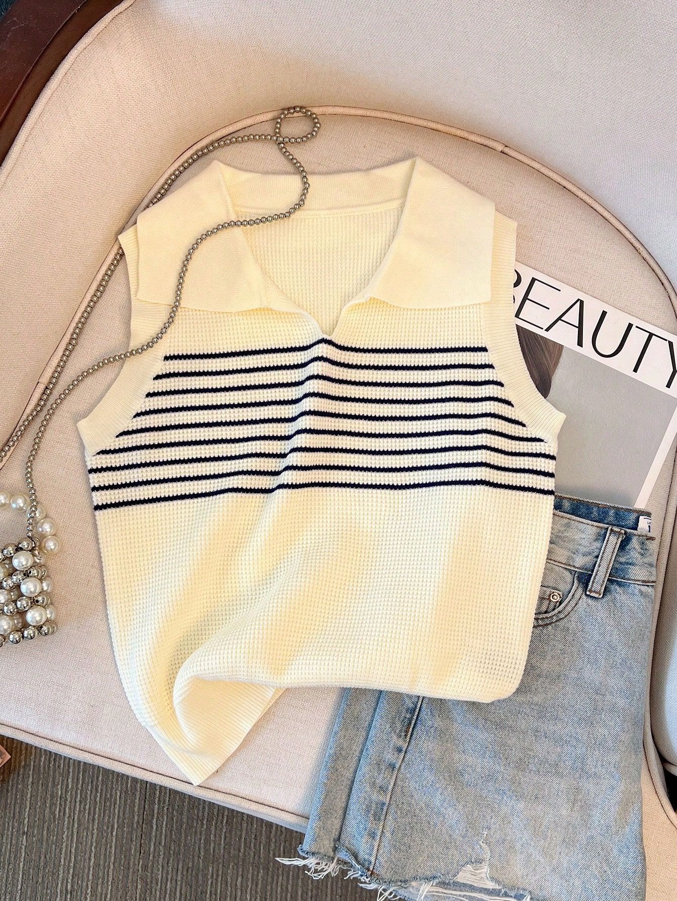 Polo Collar Striped Knit Vest Sweater with Zip