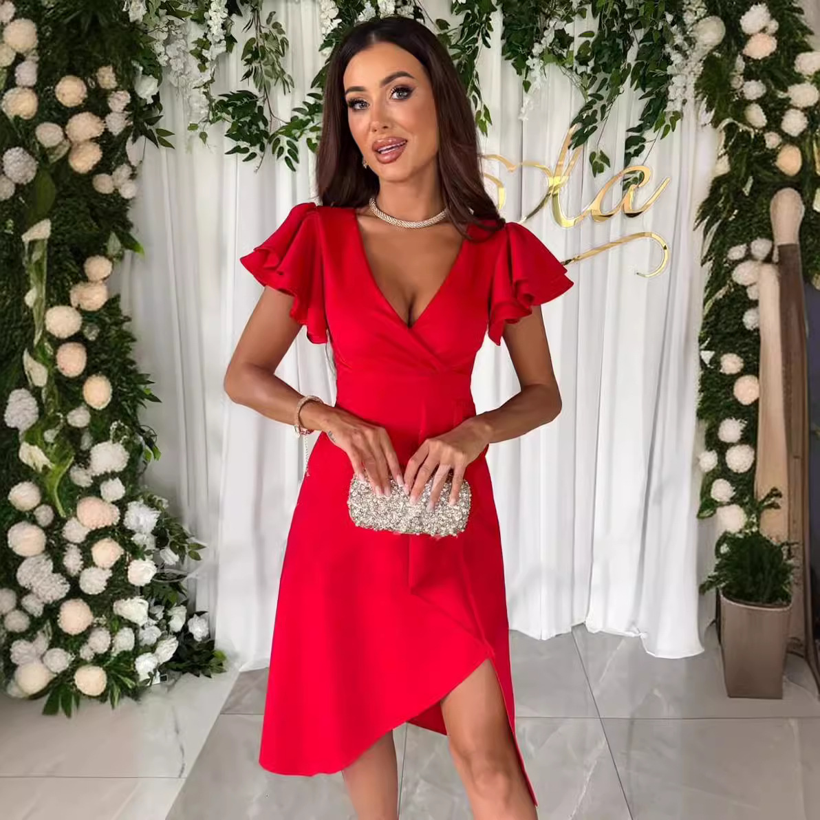 Sexy V-Neck Ruched Waist Ruffle Sleeve Solid Dress