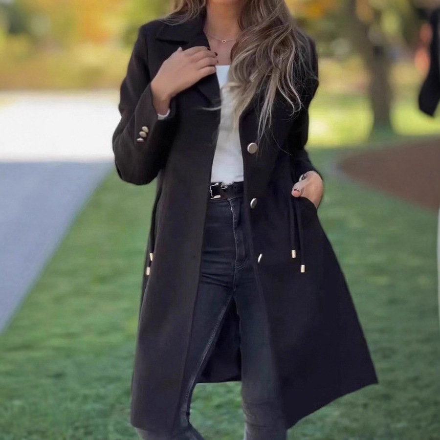 Women's Solid Color Drawstring Pocket Mid-Length Wool Coat