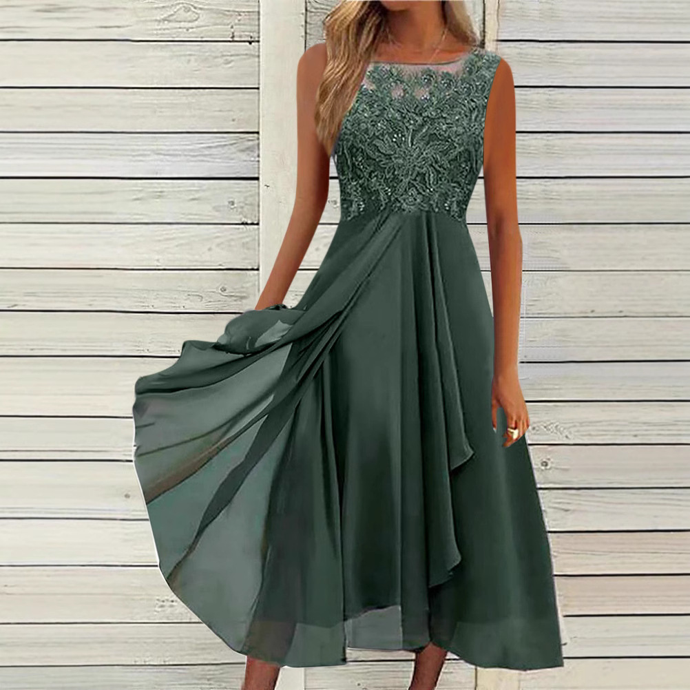 Sweet Lace Hollow Sleeveless Midi Chiffon Dress Bridesmaid