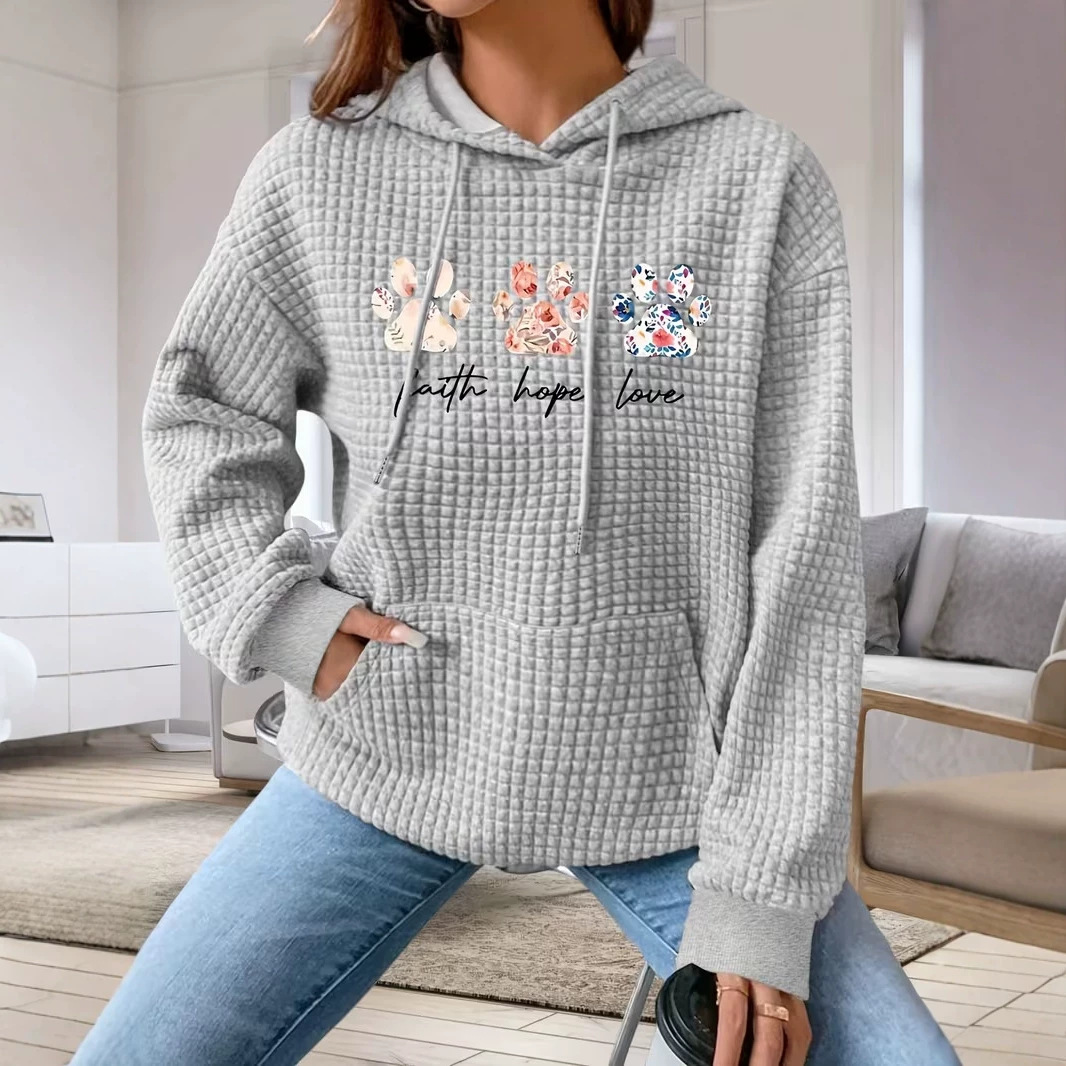 Women's Animal Paw Print Waffle Knit Hoodie Casual Pullover
