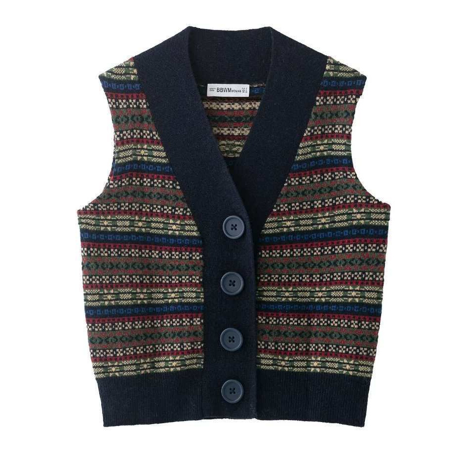 Women's Retro Fair Isle Jacquard Knit Vest V-Neck Button-Up