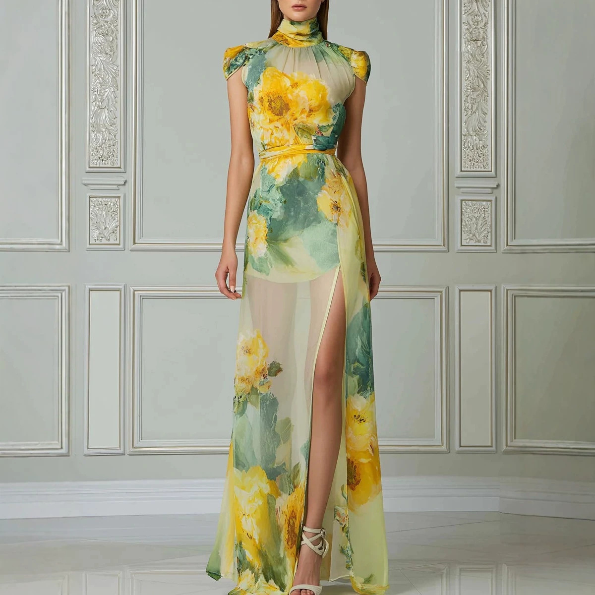 Women's Short Sleeve Digital Print Bodycon Long Dress