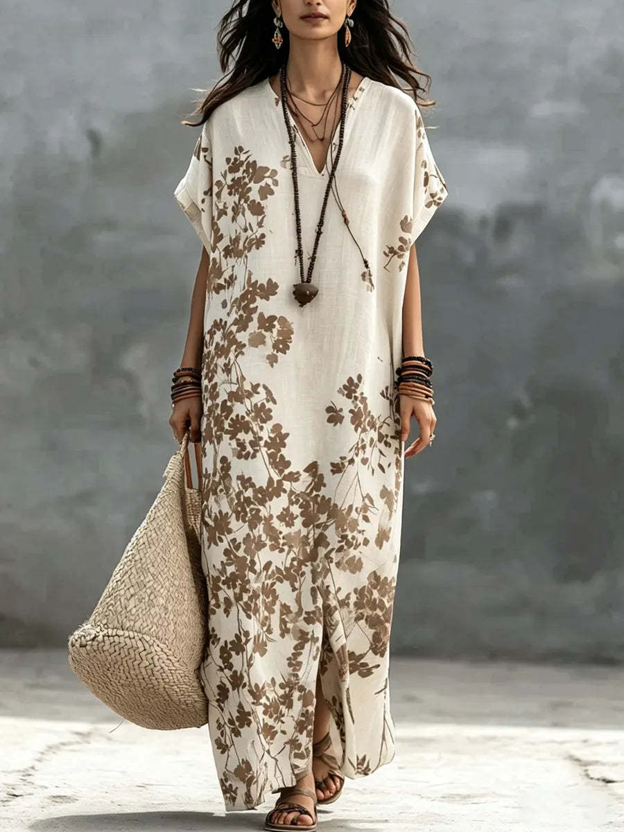 V-Neck Floral Print Short Sleeve Slit Maxi Dress