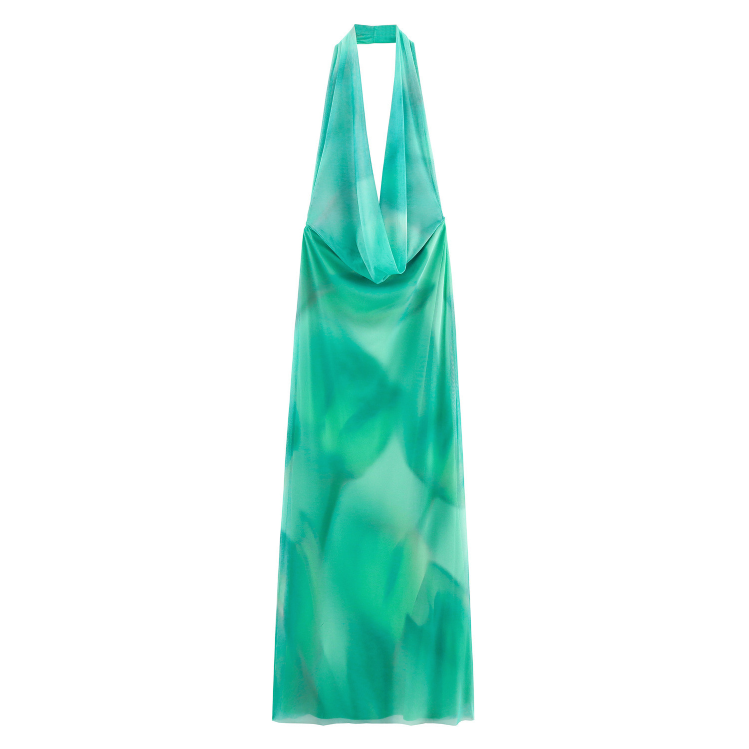 Women's Printed Mesh Long Dress Halter Sleeveless High Waist A-Line