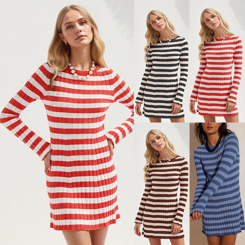 Striped Knit Sweater Dress Crewneck Long Sleeve High Waist