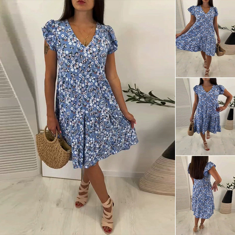 Women's Floral Print V-Neck Short Sleeve Midi Dress