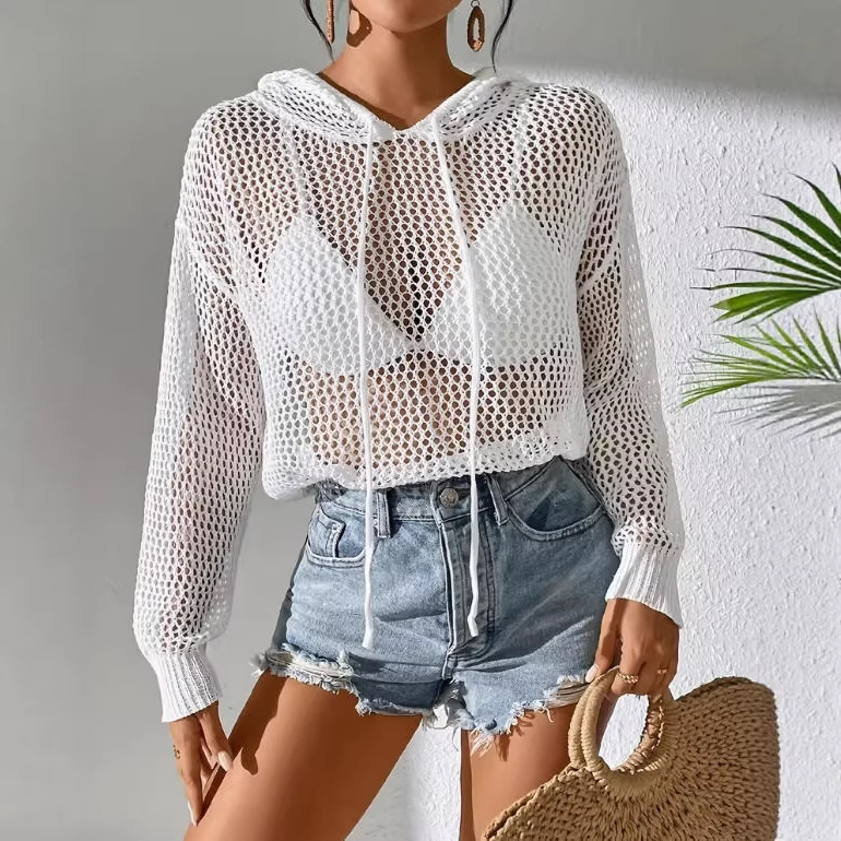 Women's Open Knit Hooded Long Sleeve Sun Protection Top