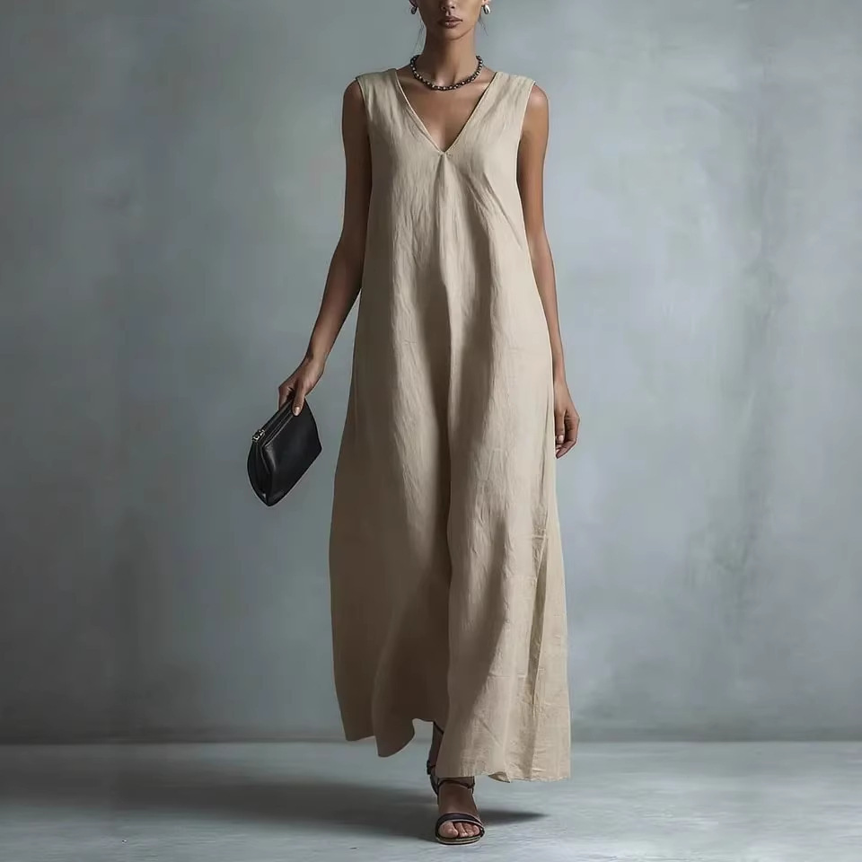 Women's V-Neck Sleeveless Linen-Look A-Line Midi Dress