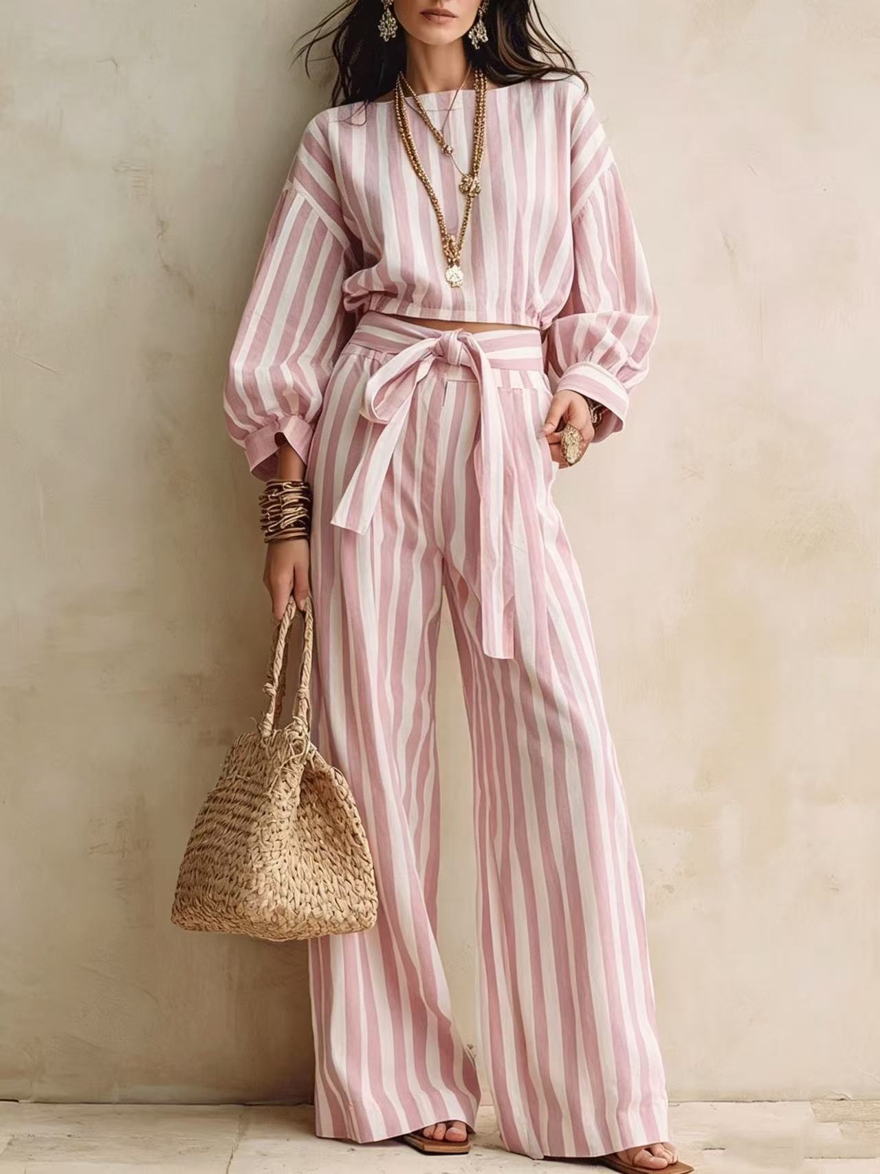 Striped Short Top & Wide-Leg Pants Set with Tie