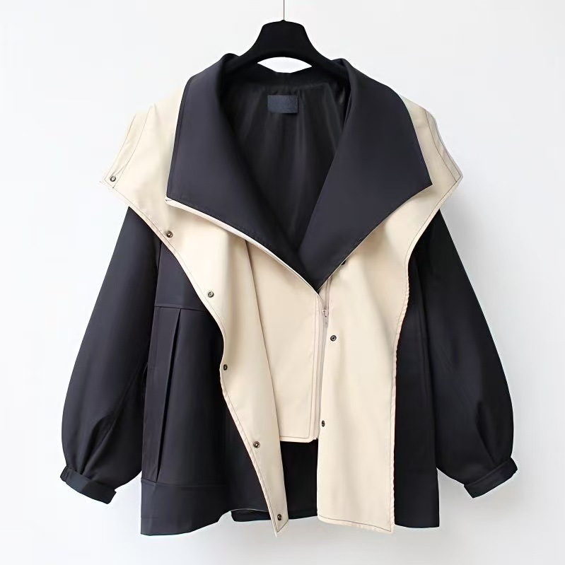 Women's Loose Hooded Zip-Up Colorblock Windbreaker Jacket