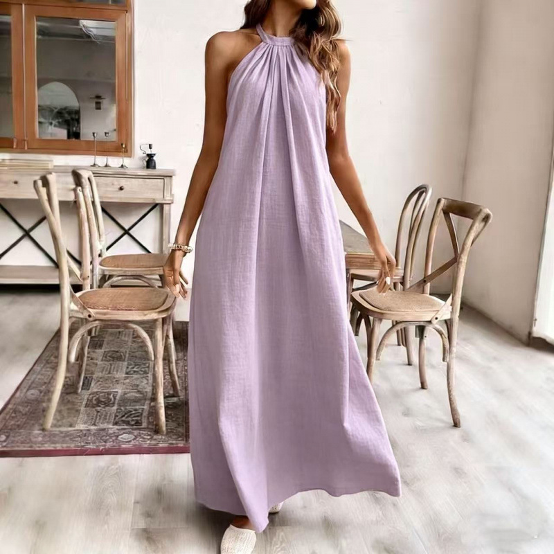 Women's Solid Halter Open-Back Long Dress