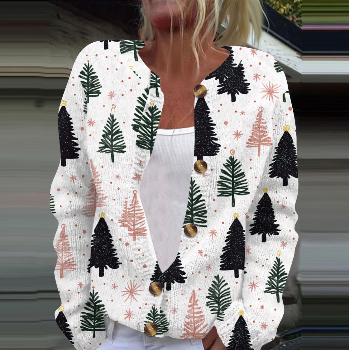 Women's Christmas Snowflake Reindeer Print Button Cardigan Sweater