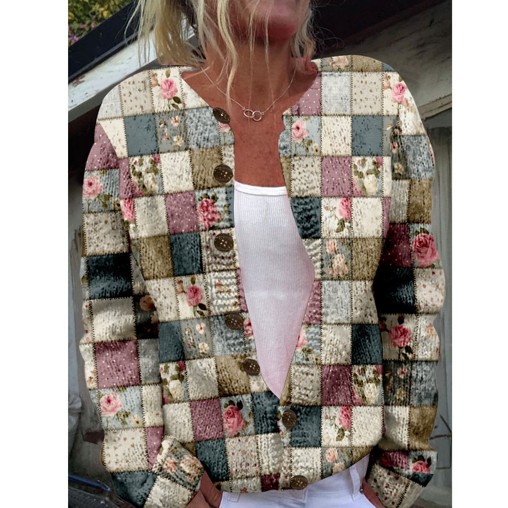 Women's Plaid Floral Print Button-Down Cardigan Sweater
