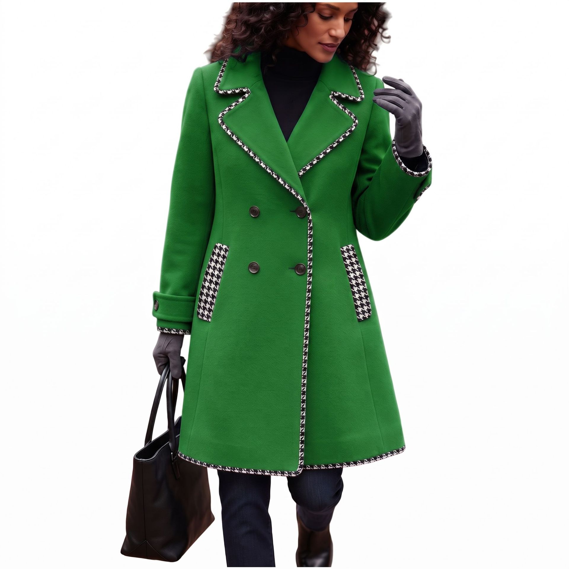 Women's Long Wool-Blend Color-Block Double-Breasted Trench Coat