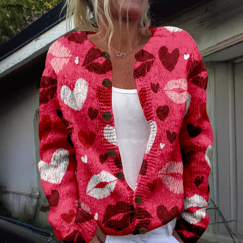 Women's Heart & Flower Print Button Cardigan Sweater