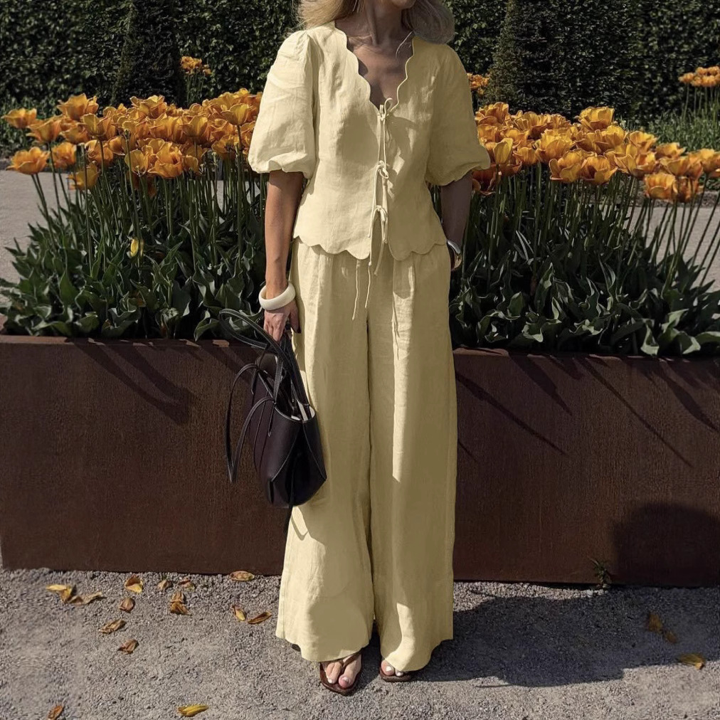 Women's Puff Sleeve Shirt and Pants Set Casual Two-Piece Outfit