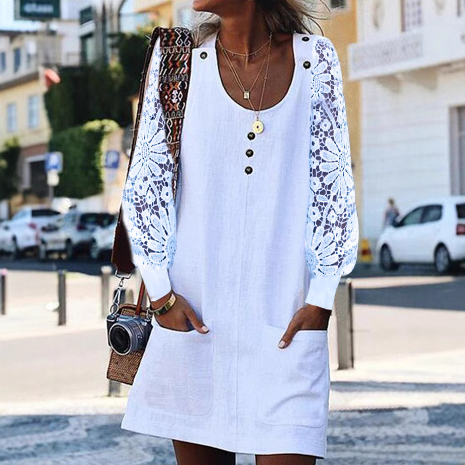Women's Summer Solid Color Cutout Long Sleeve U-Neck Button Dress with Pockets