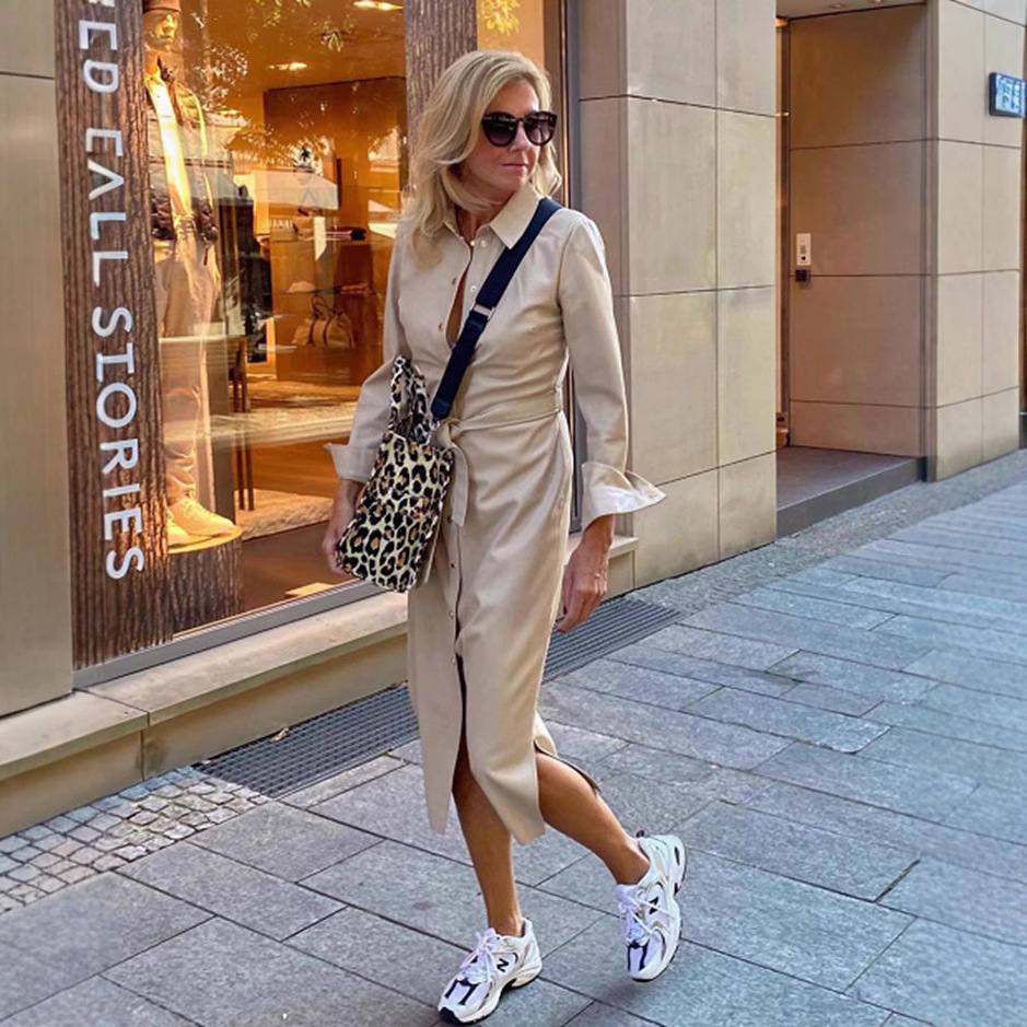 Women's Solid Longline Trench Coat with Polo Collar, Khaki