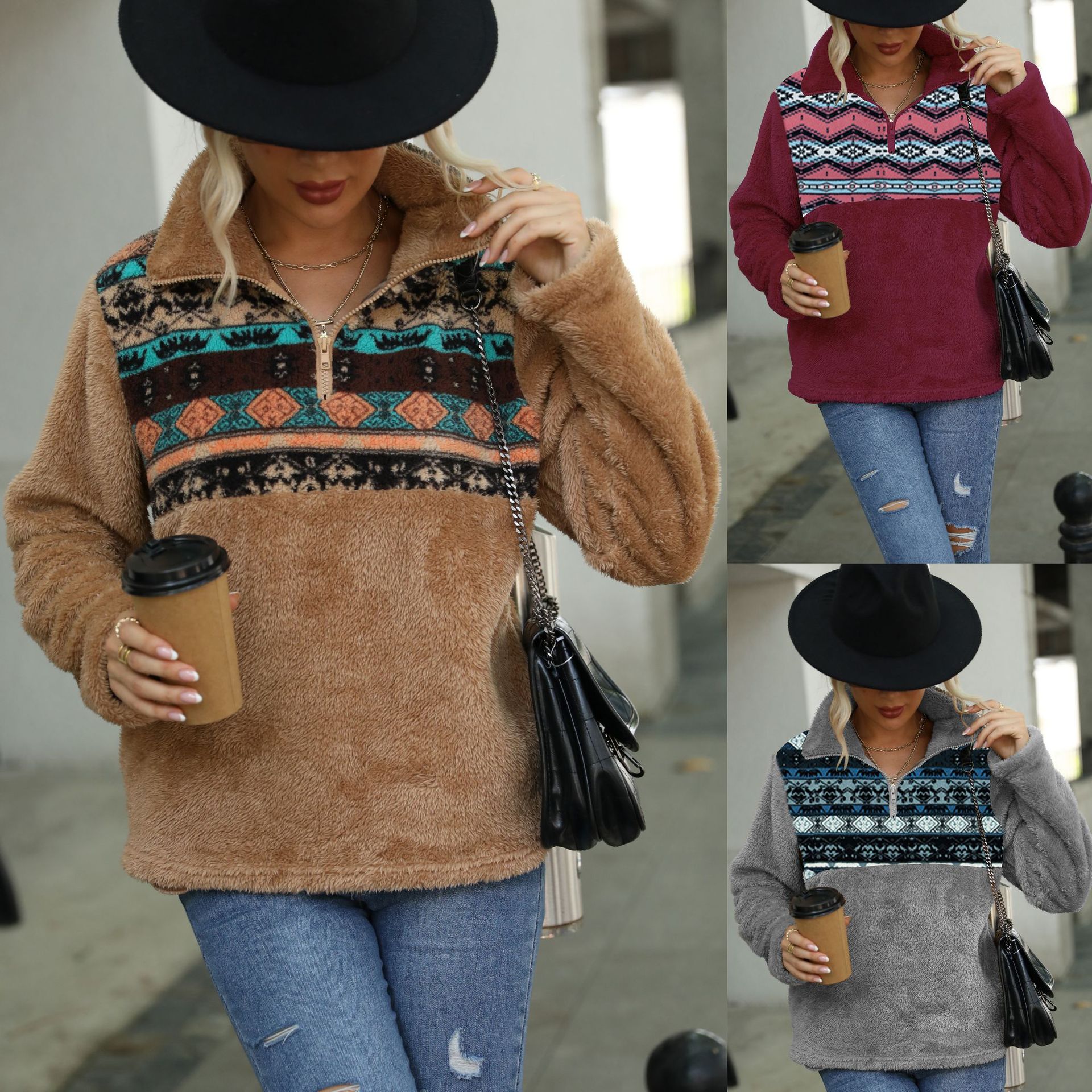 Women's Faux Fur Half-Zip Stand Collar Pullover Sweatshirt