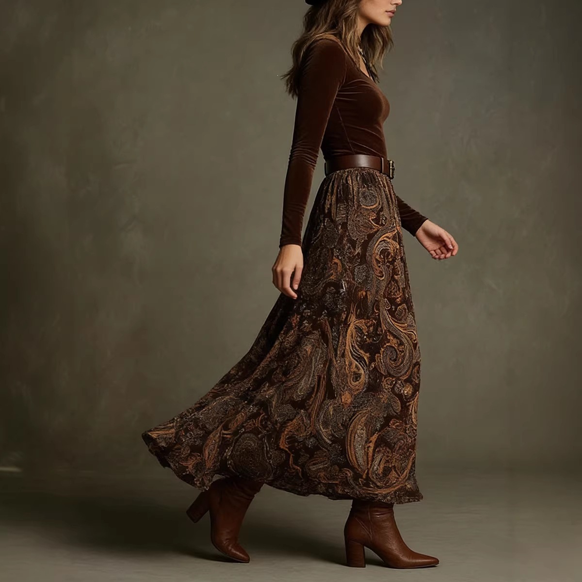 Slim-Fit Top & Vintage Floral Maxi Skirt Set with Belt