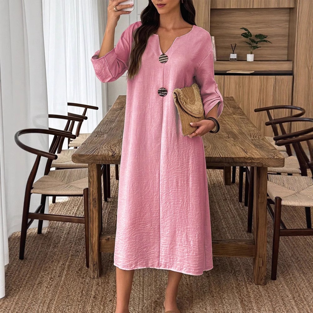 Women's Casual V-Neck Long Sleeve Cotton-Blend Solid Color Long Dress