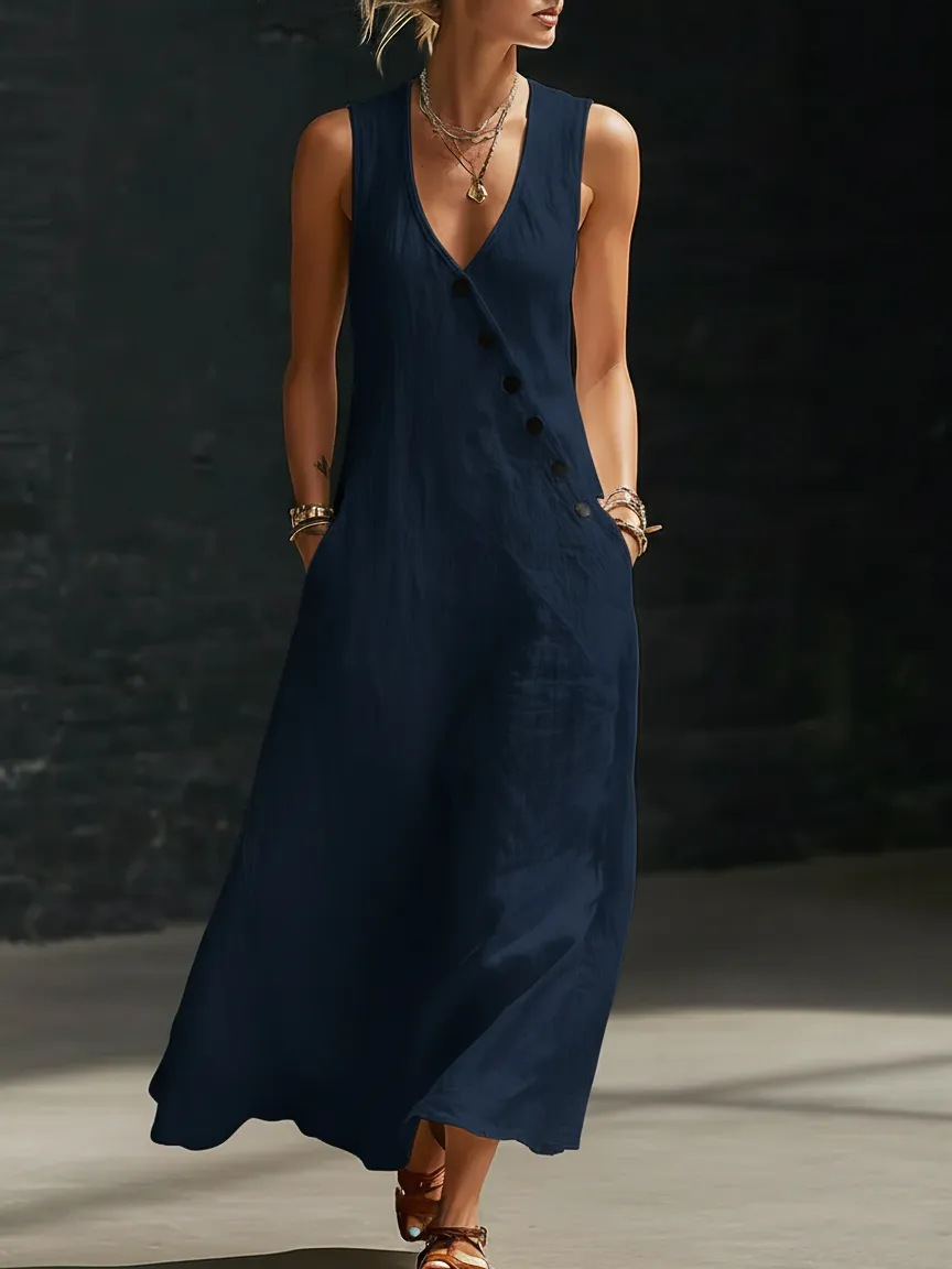Women's V-Neck Sleeveless A-Line Midi Dress Casual Vacation