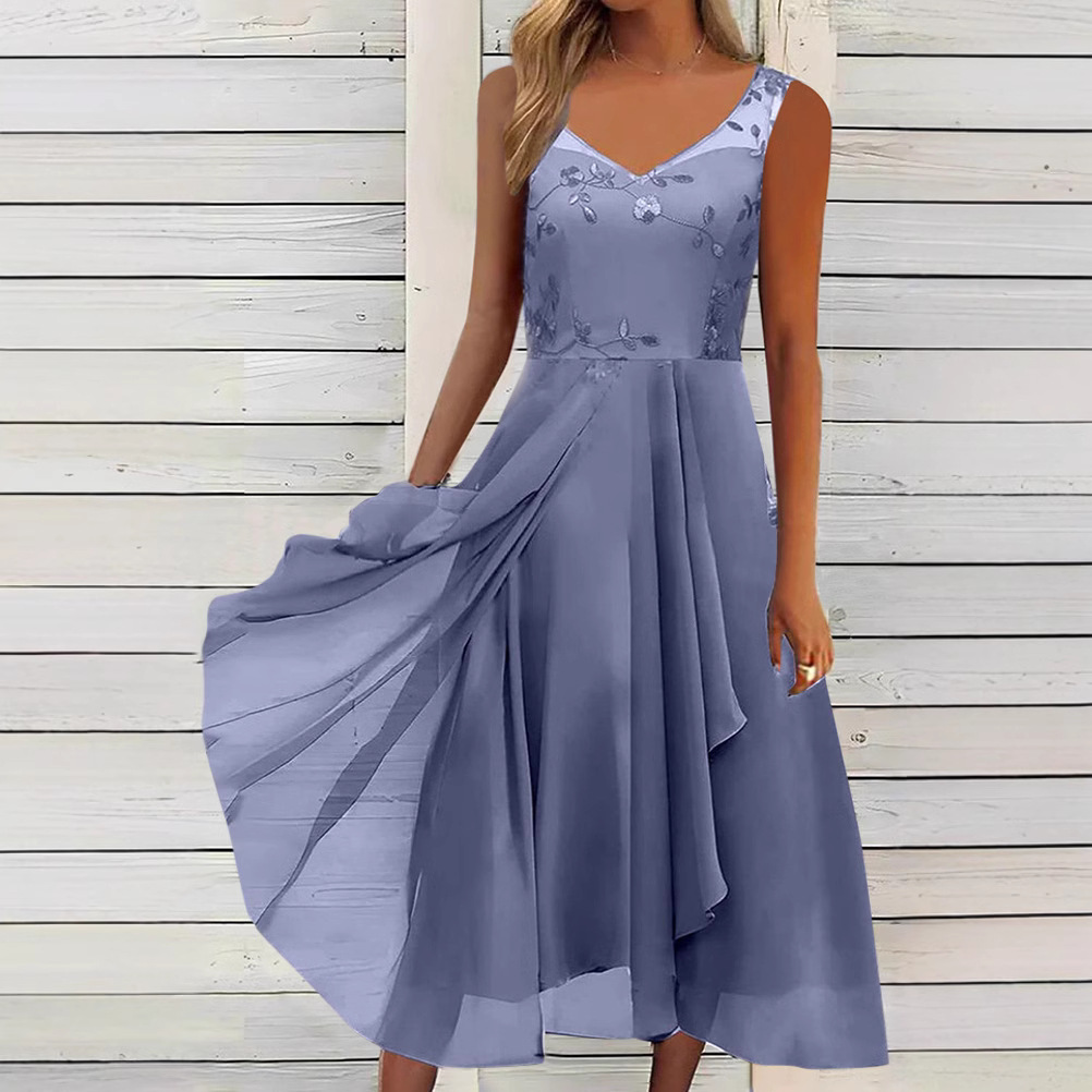 Sleeveless Chiffon Dress with Mesh Lace Panels and High-Low Hem