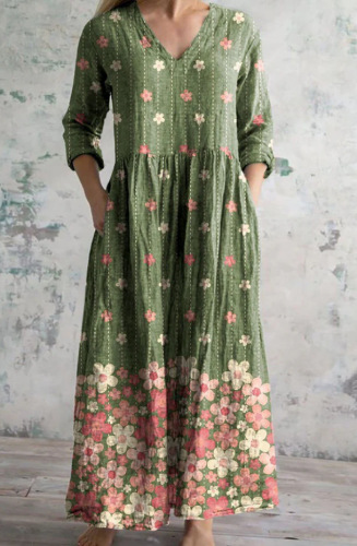 Women's Loose V-Neck Pocket Dress Casual A-Line Midi