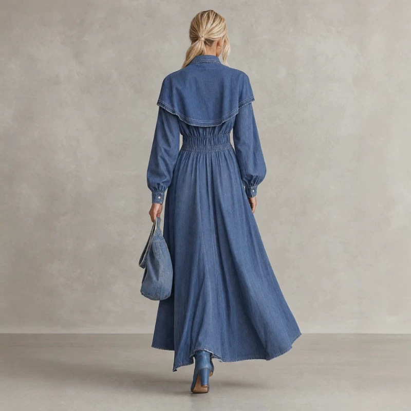 Casual Vintage Long Sleeve Denim Maxi Dress with Pockets