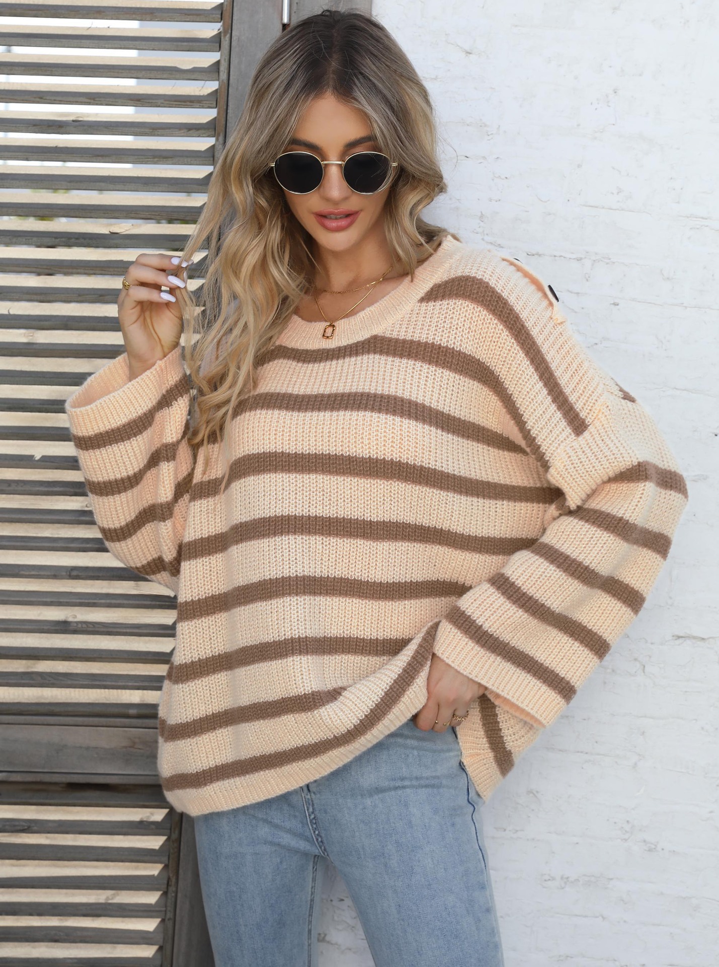 Women's Striped Colorblock Button-Trim Bell-Sleeve Sweater