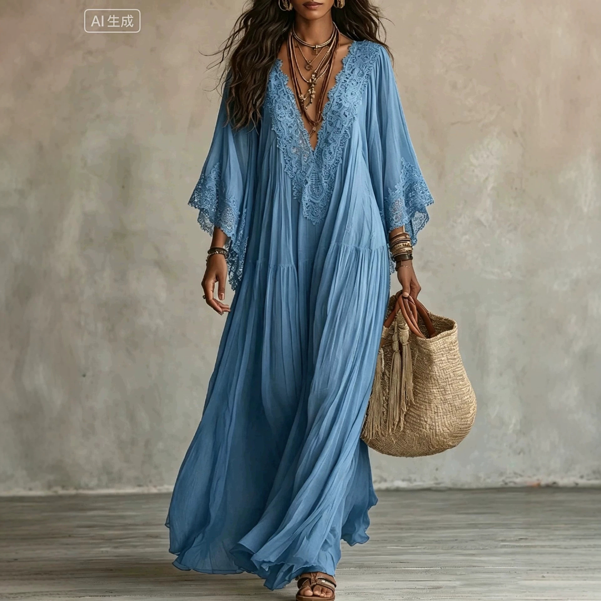 White Lace V-Neck Long Dress with Batwing Sleeves