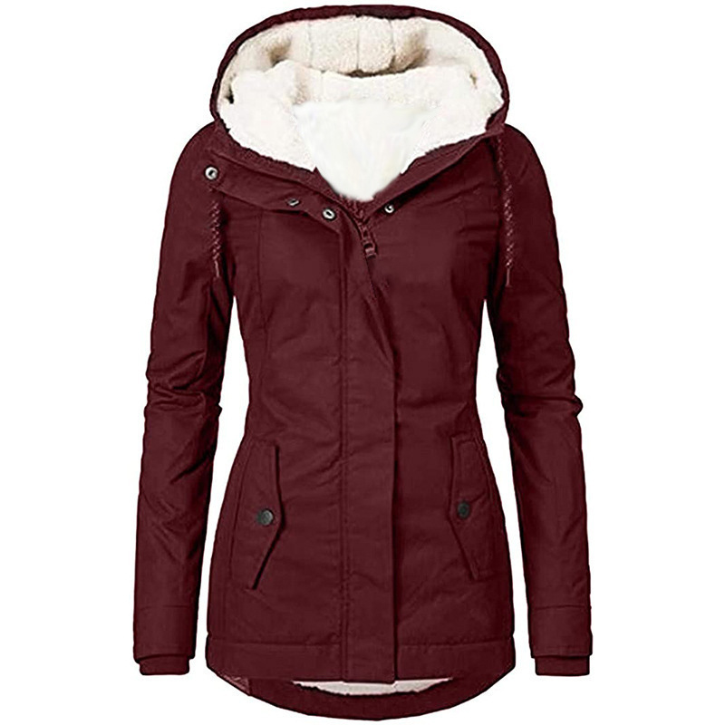 Women's Solid Hooded Zip Fleece-Lined Warm Padded Coat