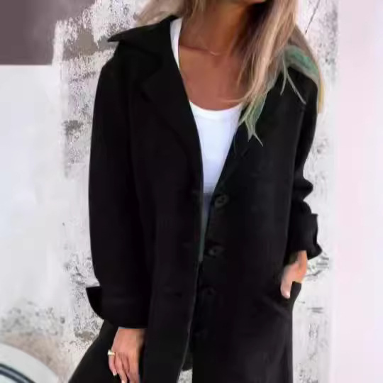 Double-Faced Wool-Blend Button-Front Midi Coat with Pockets and Lapel Collar