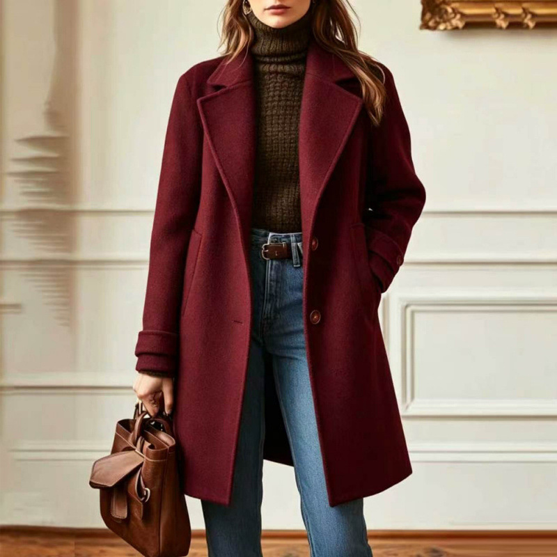 Women's Retro Mid-Length Lapel Wool Coat Casual