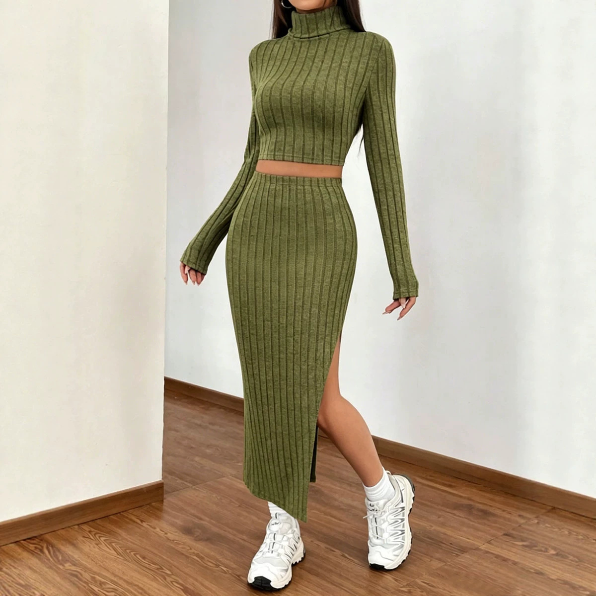 Bodycon Long-Sleeve High-Neck Slit Skirt Set