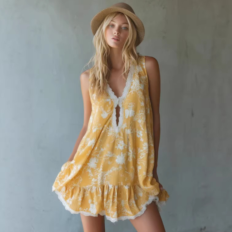 Yellow Silk-Print Lace-Trim V-Neck Sleeveless Mini Dress
