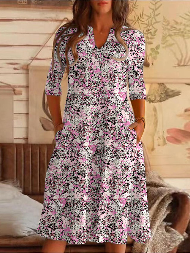 V-Neck Floral Print A-Line Midi Dress with Pockets Casual Vacation