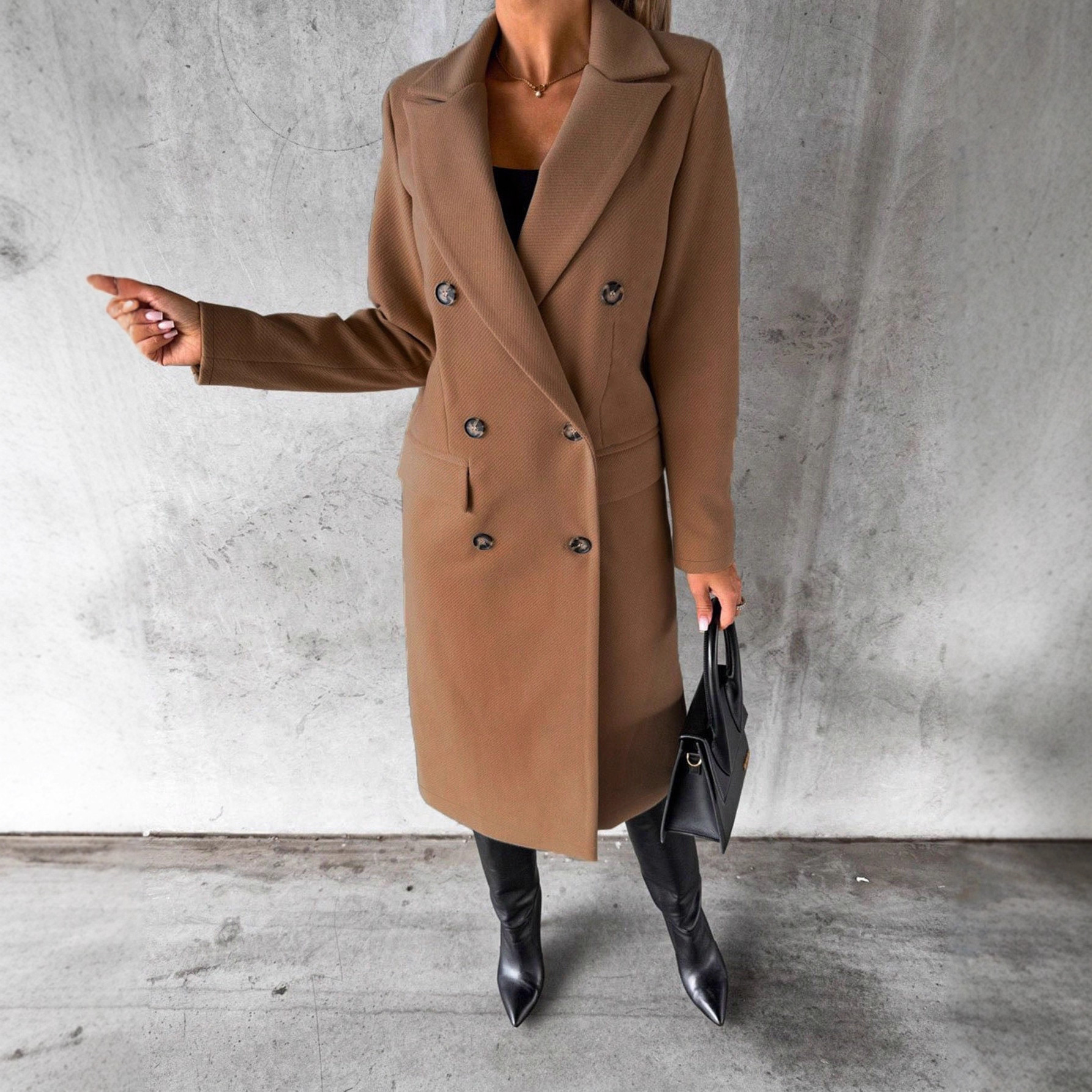 Women's Mid-Length Wool Coat with Real Pockets Double-Breasted