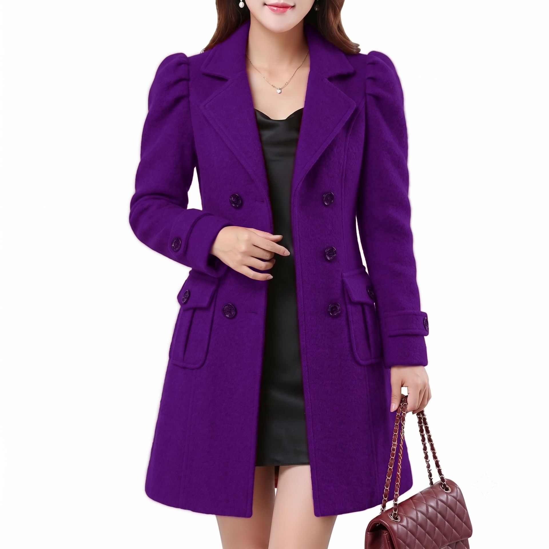 Women's Double-Breasted Wool-Blend Trench Coat Casual Long Outerwear