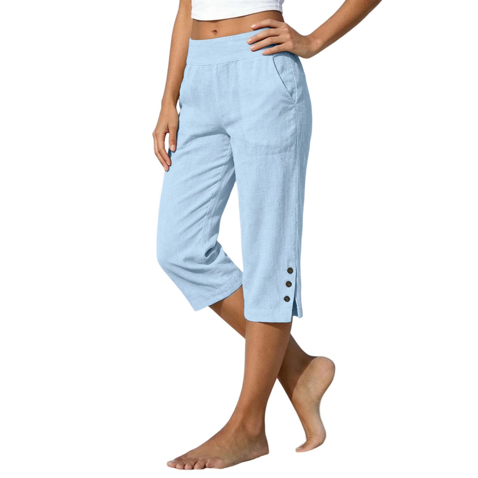 2026 Summer Women's Cotton-Linen Capri Pants High Waist Loose Straight Leg Slit Button Casual Pants Cross-Border Women's