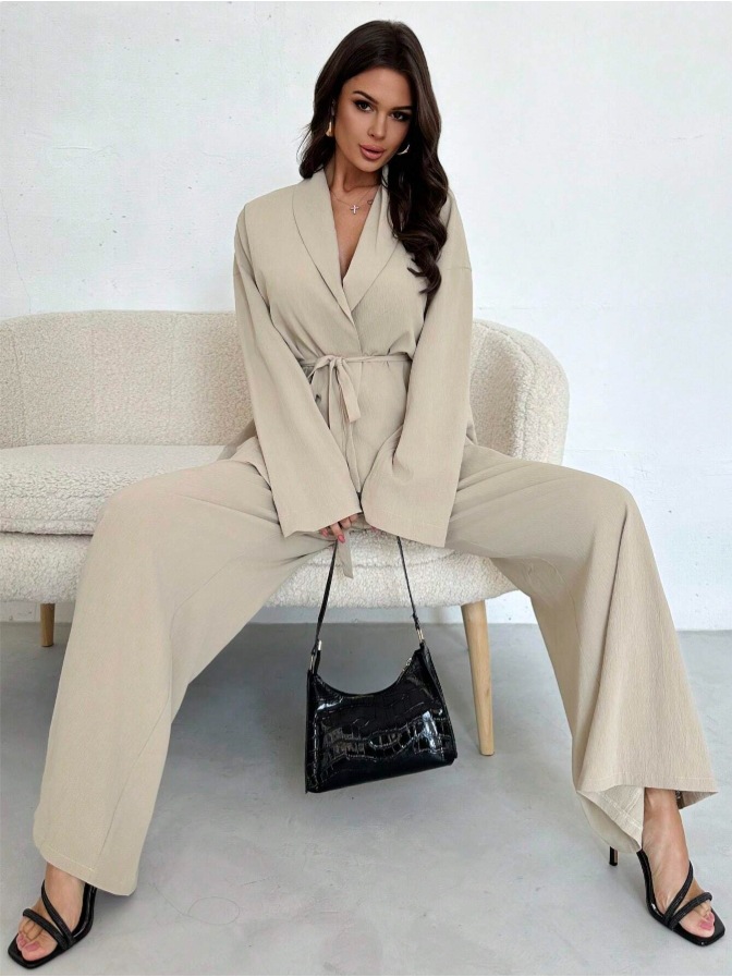 V-Neck Long Sleeve Wide-Leg Pants Set