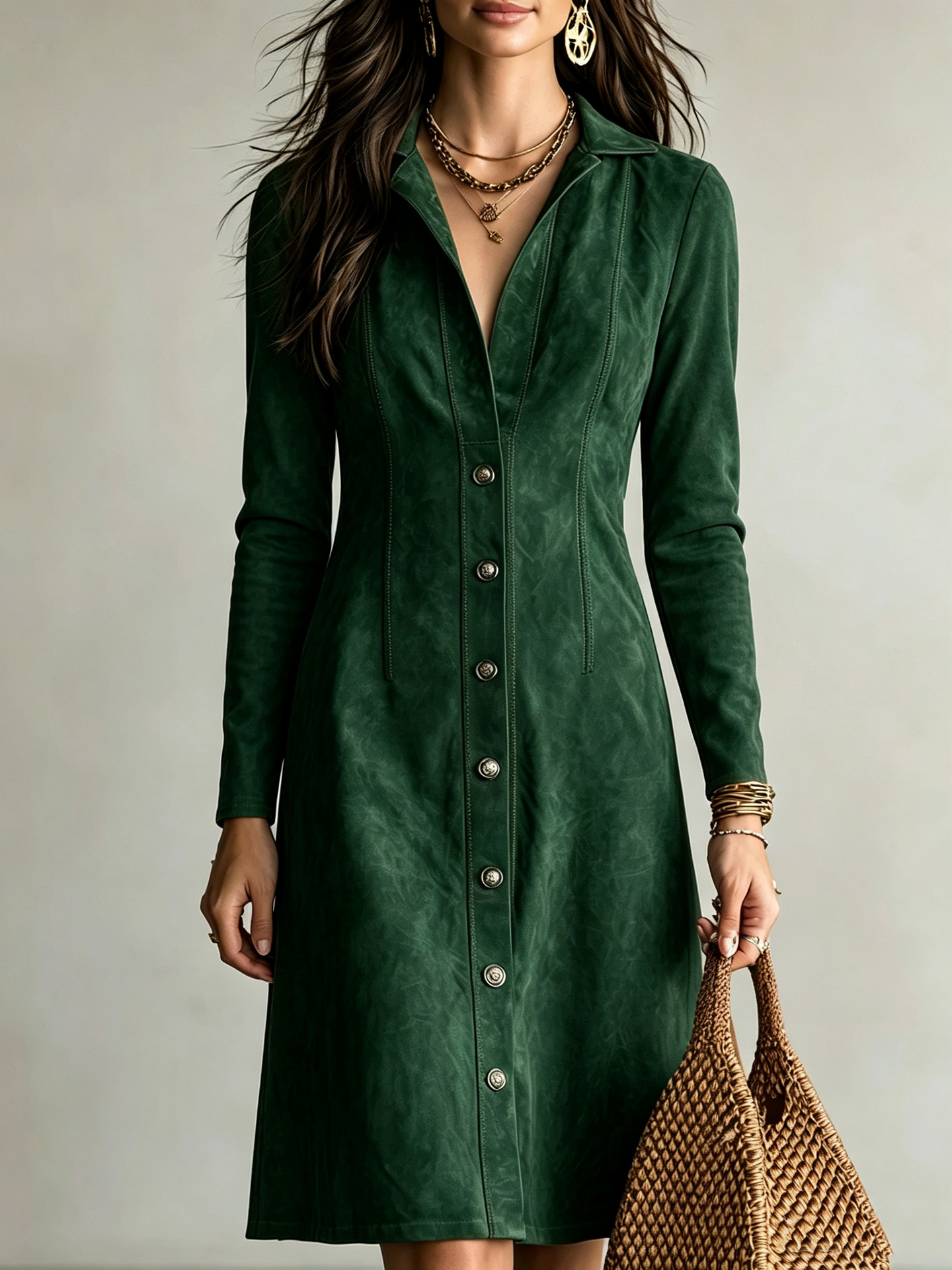 Faux Suede Button-Front Slim Fit Long Sleeve Midi Dress